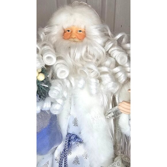 Porcelain Santa Claus Tree Topper 16" Silver Blue White Fur Christmas Figurine - Picture 2 of 8